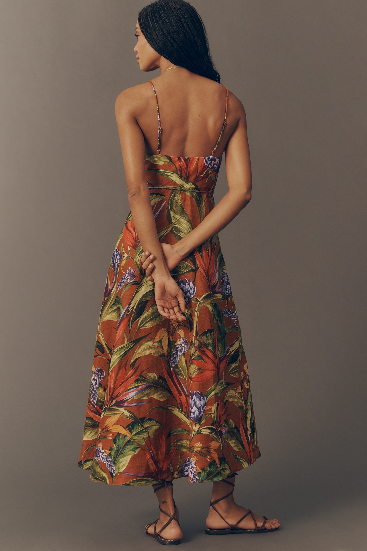 Farm Rio Florart Linen Sleeveless Plunge Midi Dress