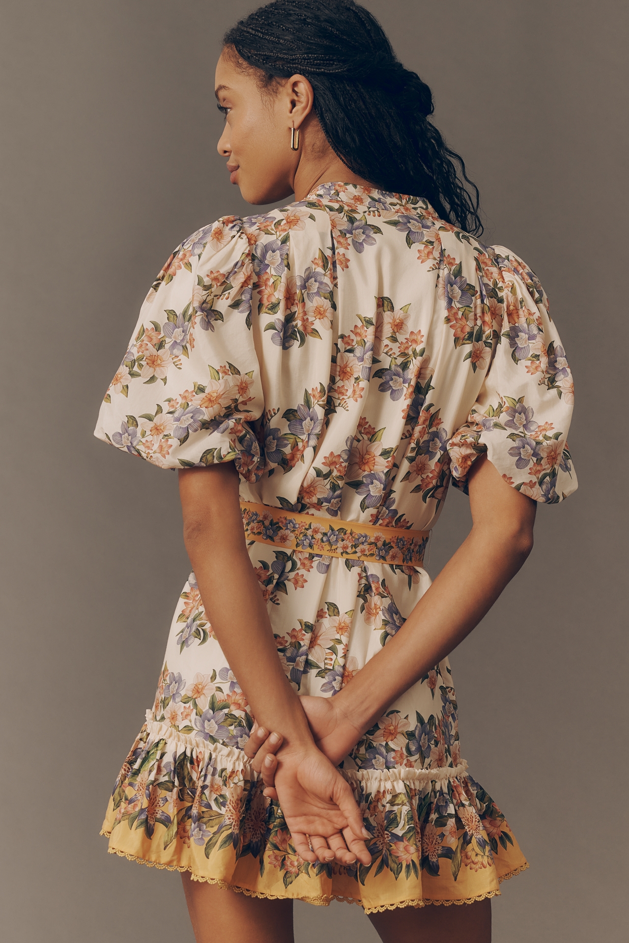 Farm Rio Sand Hilo Belted Short-Sleeve Mini Dress