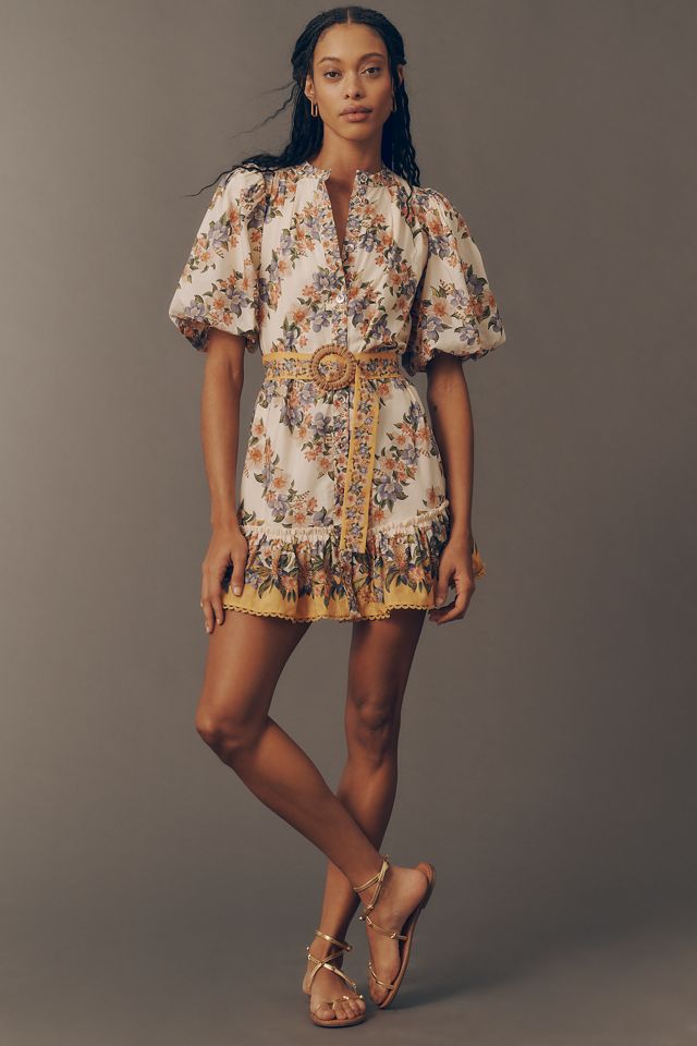 Farm Rio Sand Hilo Belted Short-Sleeve Mini Dress