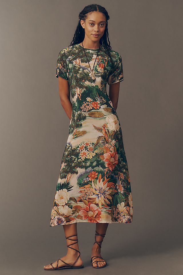 floral short sleeve midi dress Stine Goya Flowy Melting Flowers Puff sleeves Hem shaped Buy Love & Roses Black