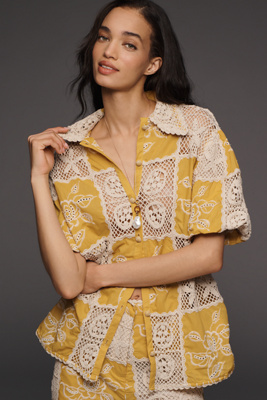 Lace Short-Sleeve Buttondown Top