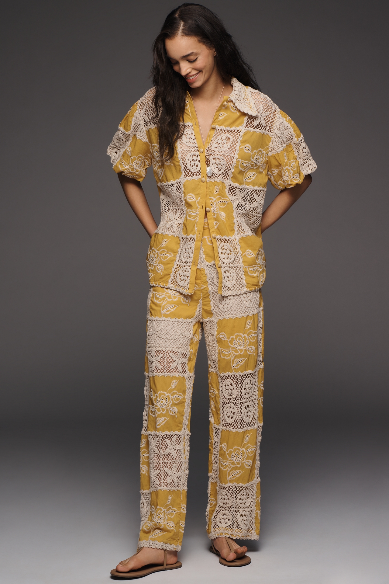 Farm Rio Lace Short-Sleeve Buttondown Top
