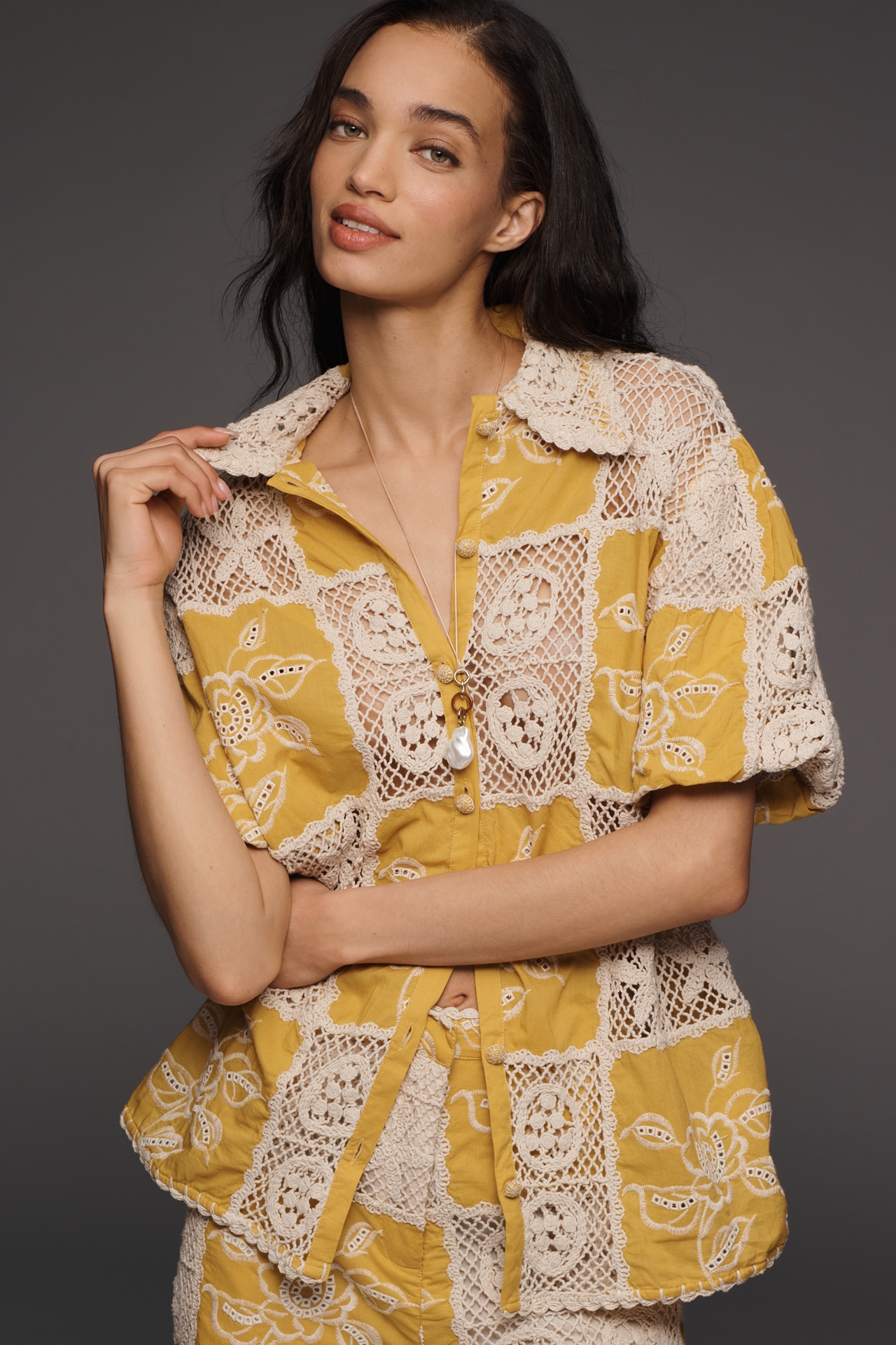 Farm Rio Lace Short-Sleeve Buttondown Top
