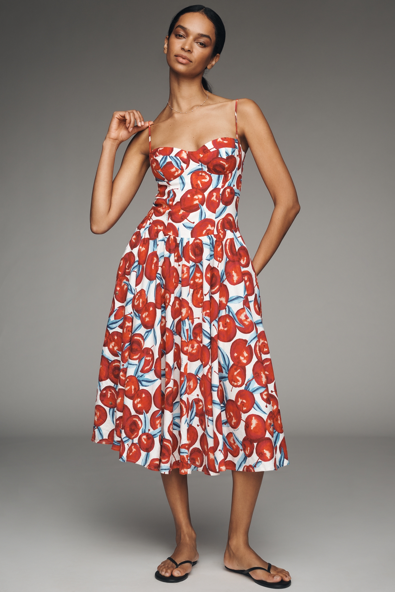 Farm Rio Cherry Blossom Sleeveless Sweetheart Midi Dress
