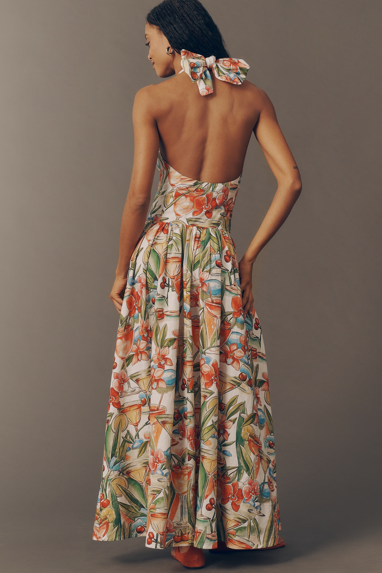 Farm Rio Sleeveless Halter Linen-Blend Maxi Dress