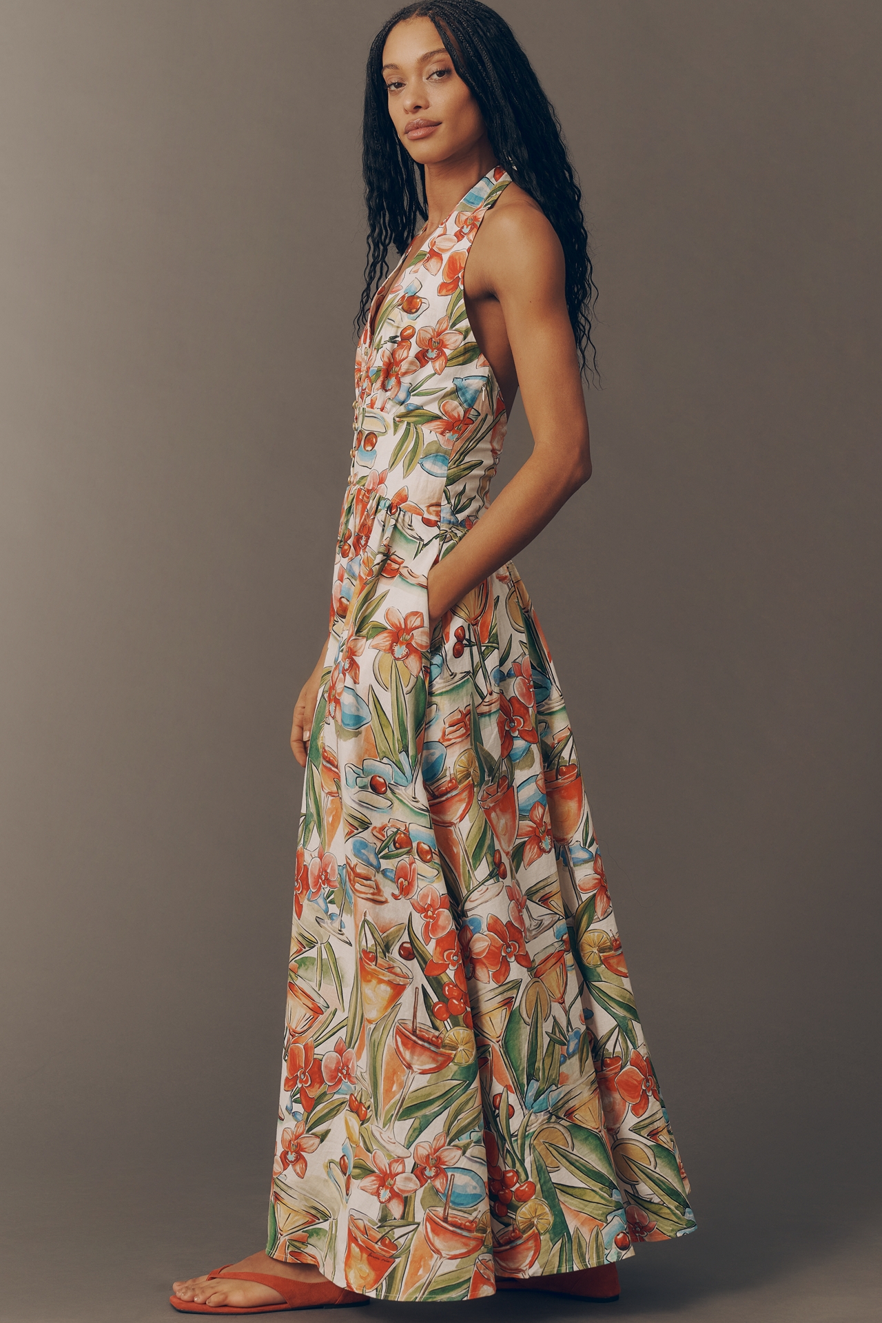 Farm Rio Sleeveless Halter Linen-Blend Maxi Dress