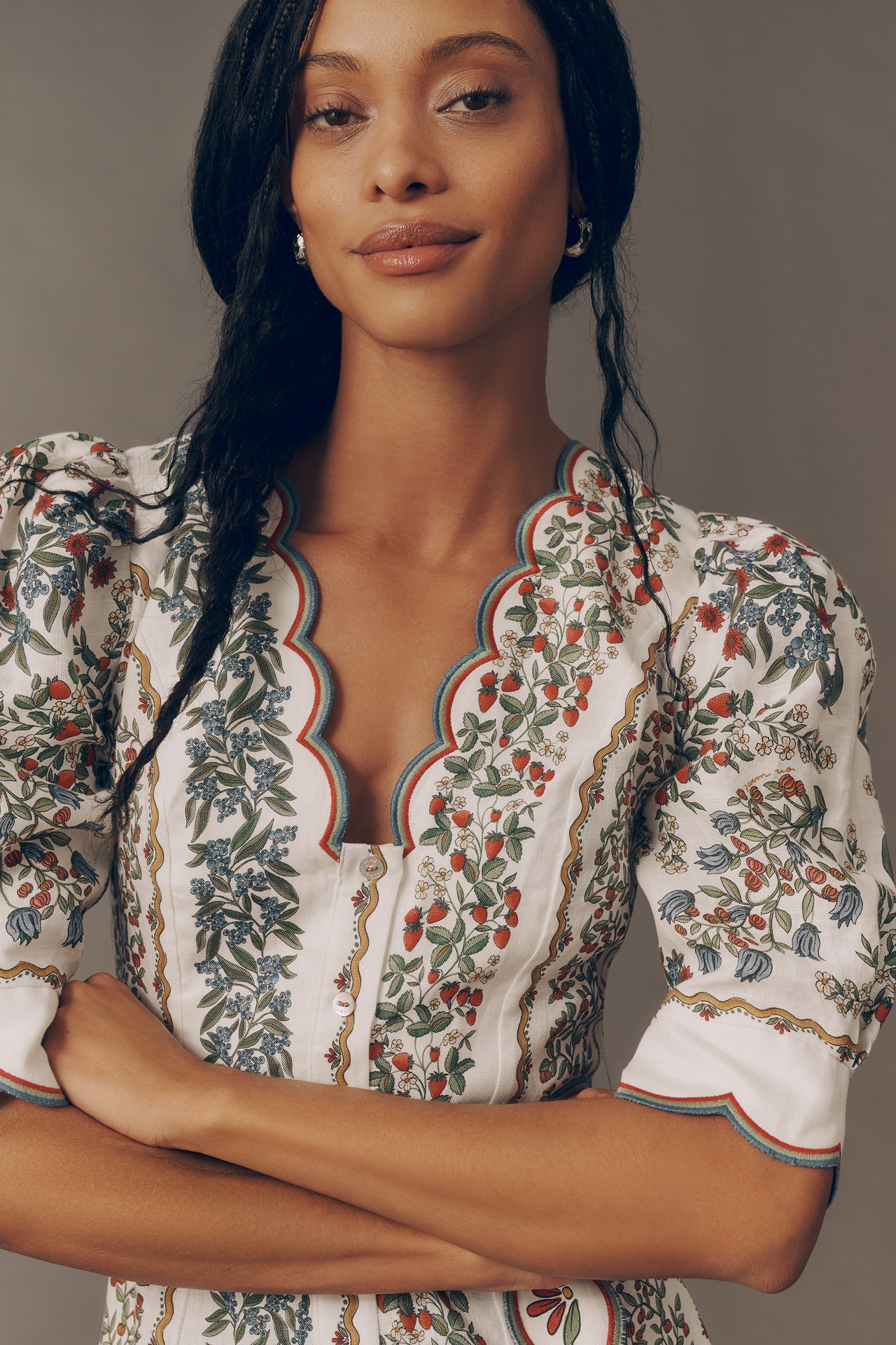 Farm Rio Scalloped Linen Half-Sleeve Romper