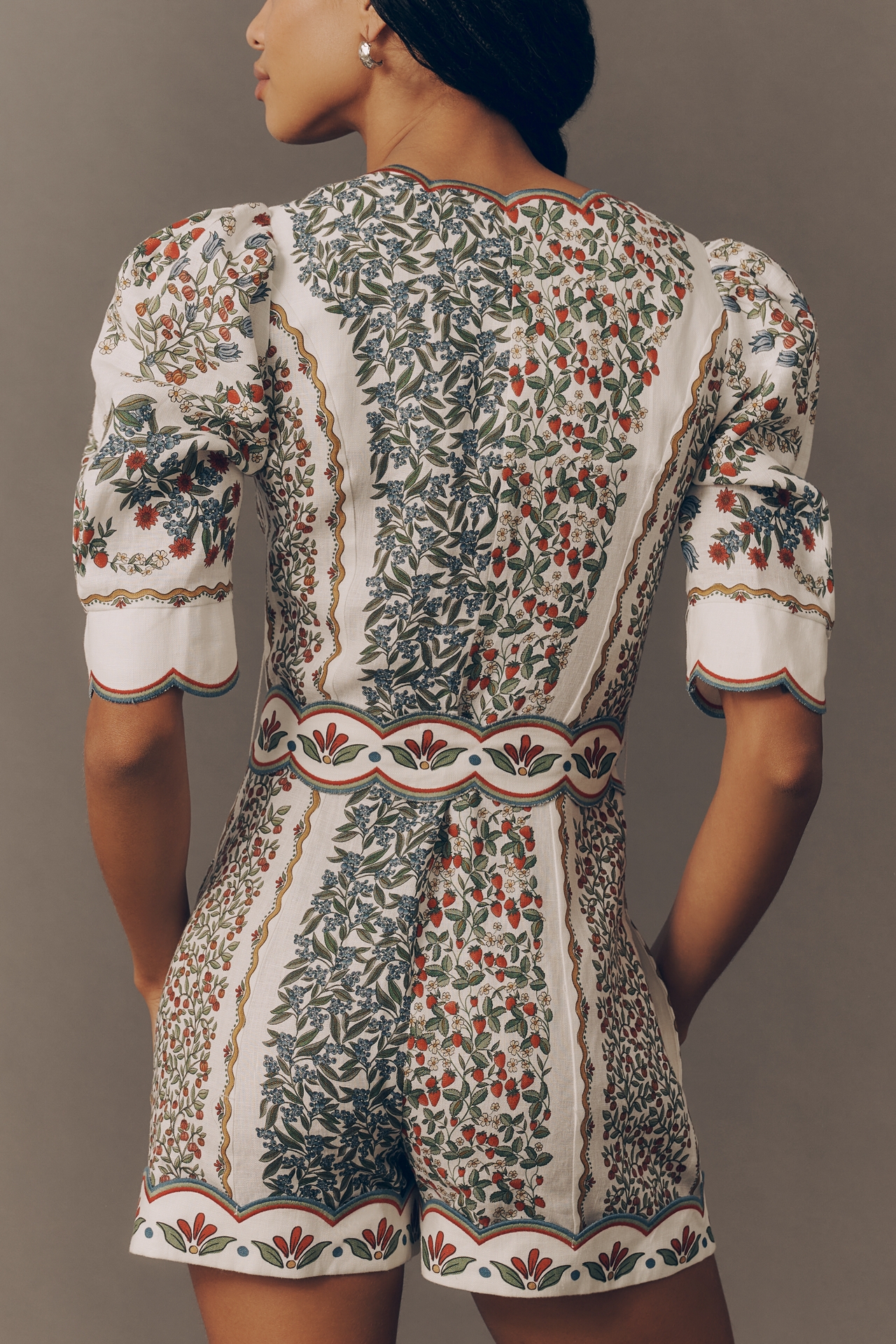 Farm Rio Scalloped Linen Half-Sleeve Romper