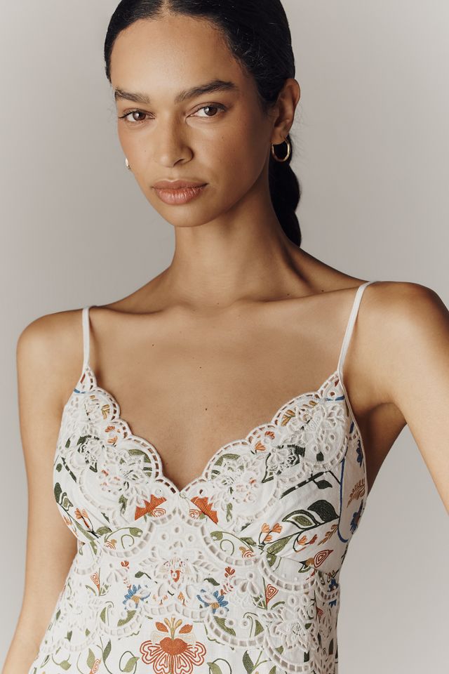 Farm Rio Scalloped Sleeveless Linen V-Neck Midi Dress | Anthropologie