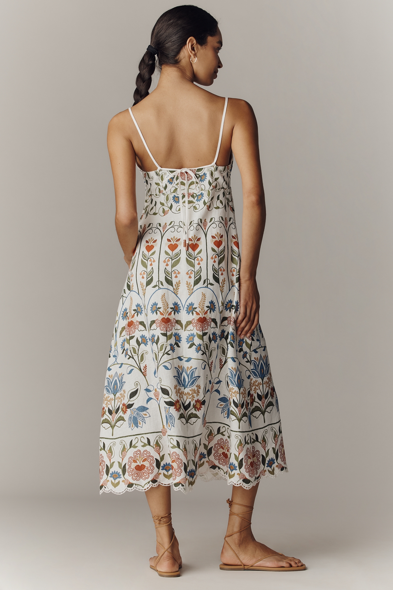 Farm Rio Scalloped Sleeveless Linen V-Neck Midi Dress