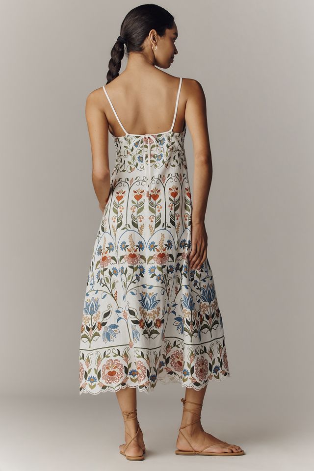 Farm Rio Scalloped Sleeveless Linen V-Neck Midi Dress #2