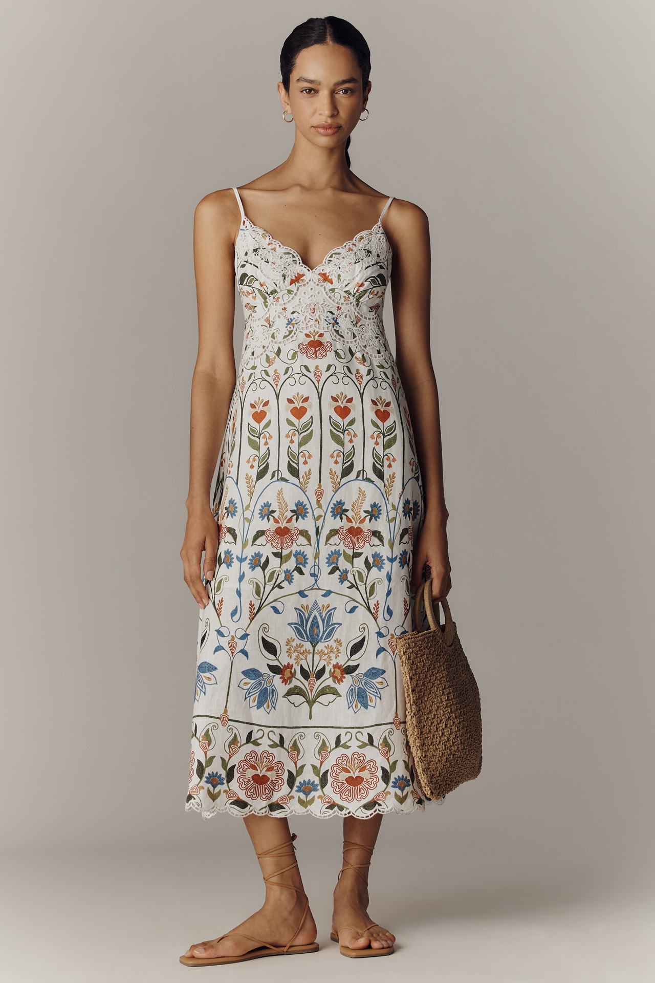 Farm Rio Scalloped Sleeveless Linen V-Neck Midi Dress