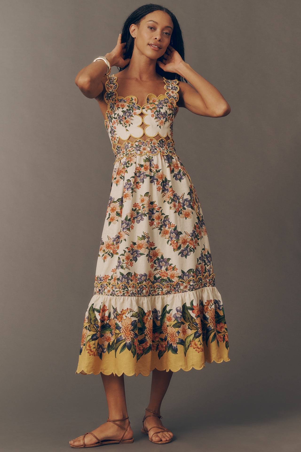 Farm Rio Sands Hilo Scalloped Sleeveless Midi Dress