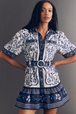 Farm Rio Porcelain Garden Belted Linen Mini Dress | Anthropologie