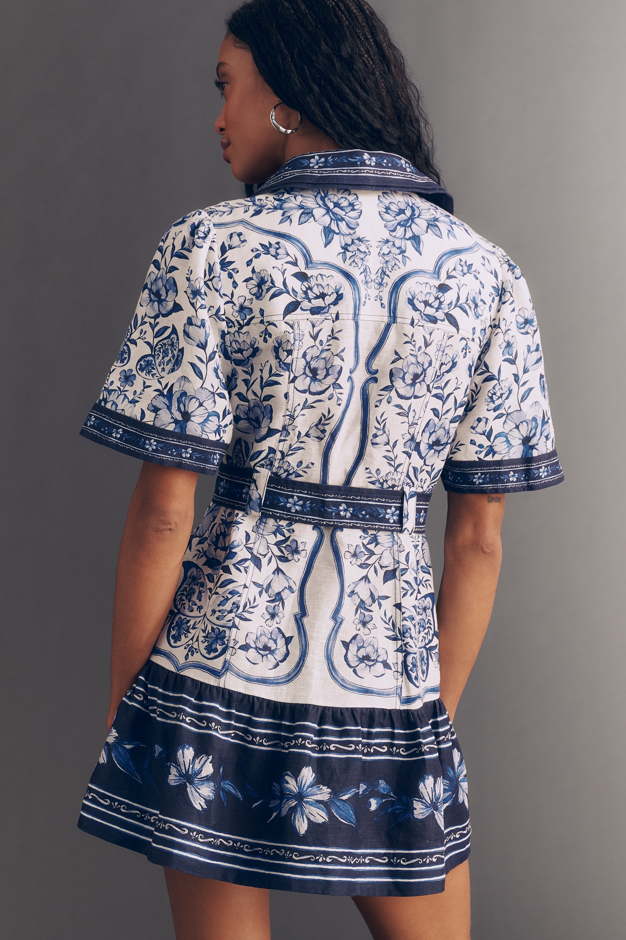 Farm Rio Porcelain Garden Belted Linen Mini Dress