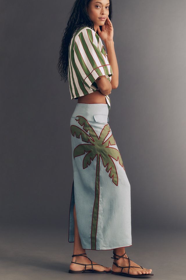 Farm Rio Embroidered Palm Linen Midi Skirt #1
