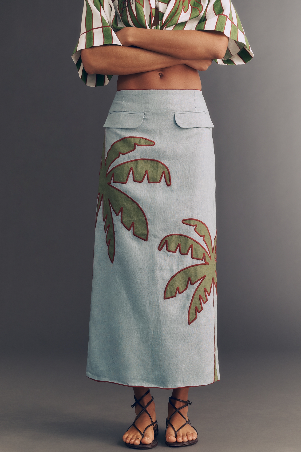 Farm Rio Embroidered Palm Linen Midi Skirt