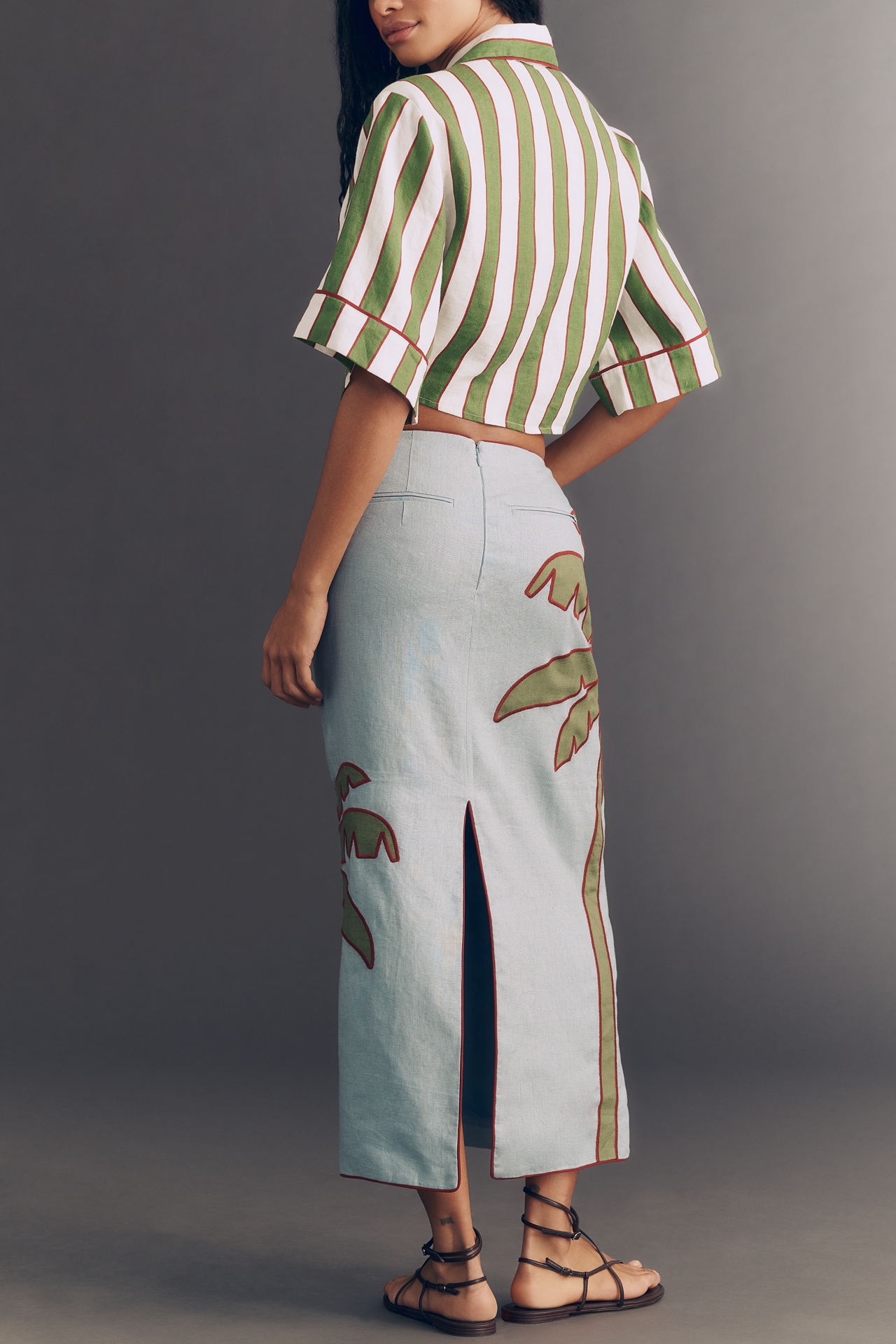 Farm Rio Embroidered Palm Linen Midi Skirt