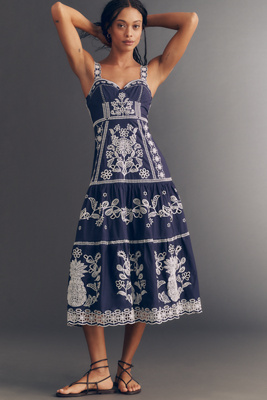 Farm Rio Blue and White Embroidered Midi Dress | Anthropologie