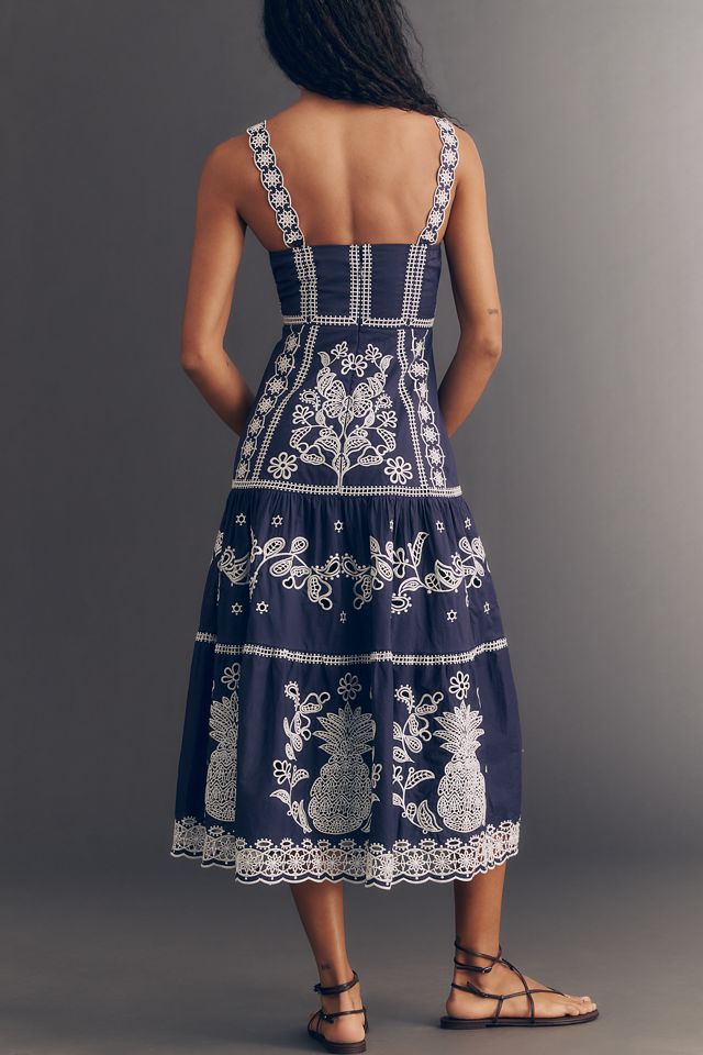 Farm Rio Blue and White Embroidered Midi Dress | Anthropologie
