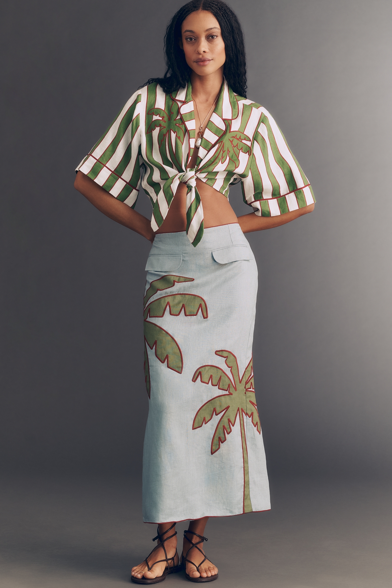 Farm Rio Spring Stripes Tie-Front Linen Top
