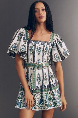 Farm Rio Porcelain Garden Belted Linen Mini Dress | Anthropologie