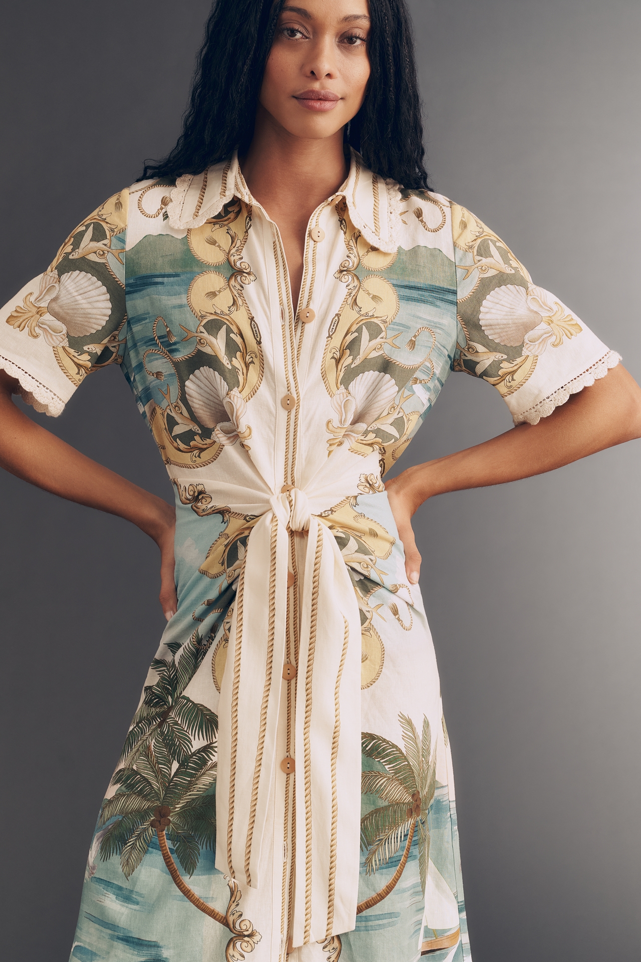 Farm Rio Royal Sea Gathered-Waist Midi Dress