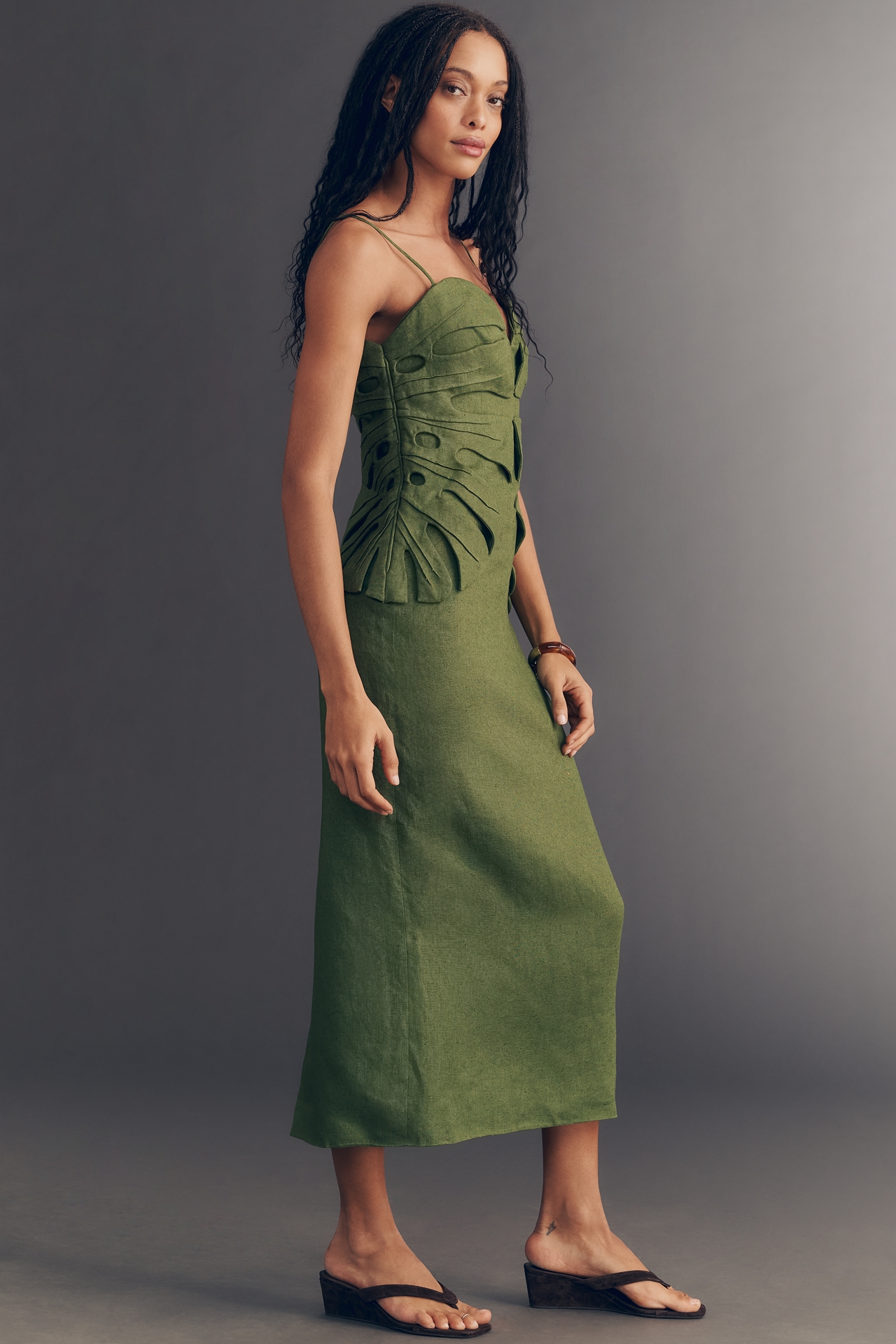 Farm Rio Linen Monstera Leaf Midi Dress