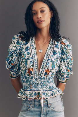 Farm Rio Flora Tile Puff-Sleeve Top | Anthropologie