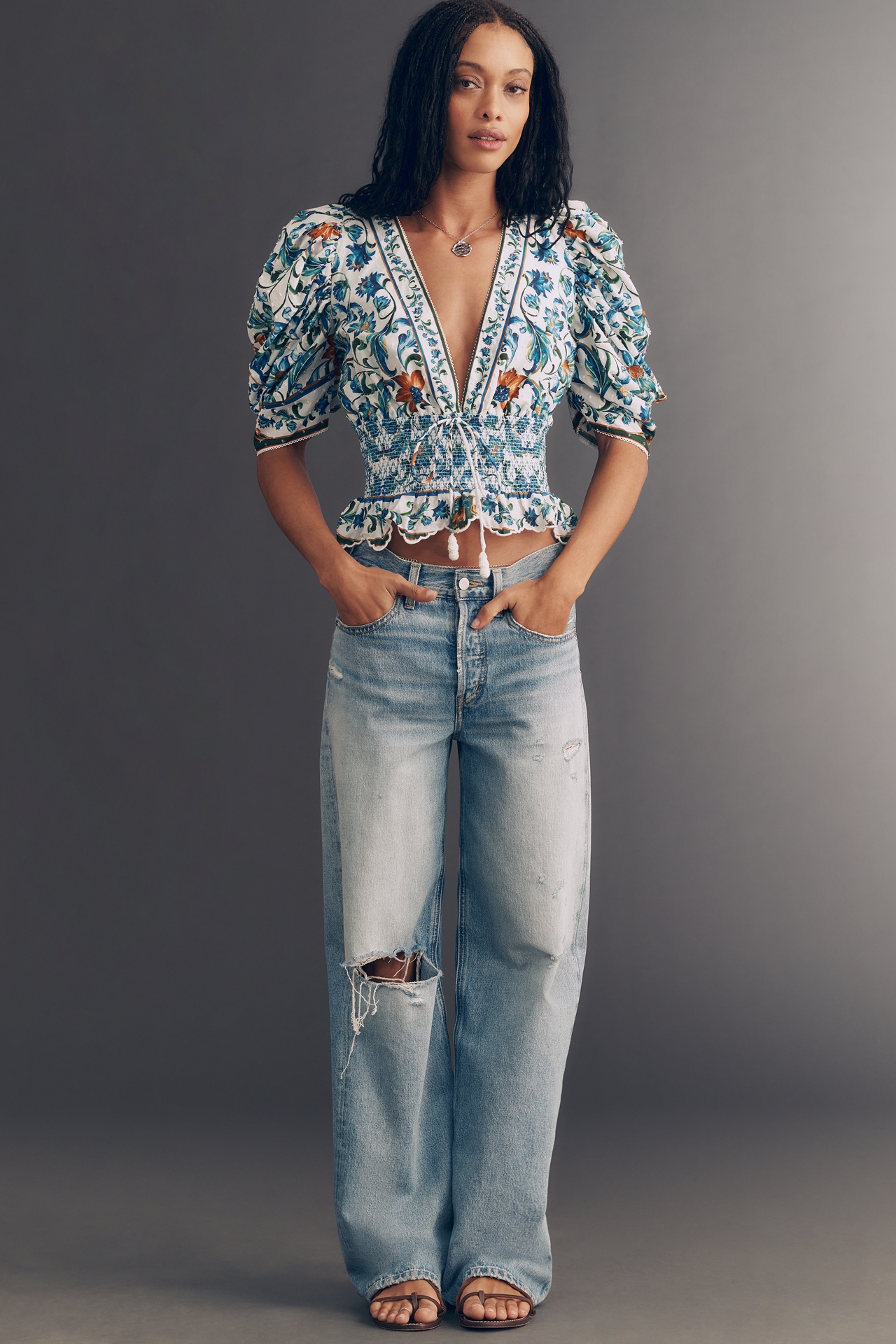 Farm Rio Flora Tile Puff-Sleeve Top