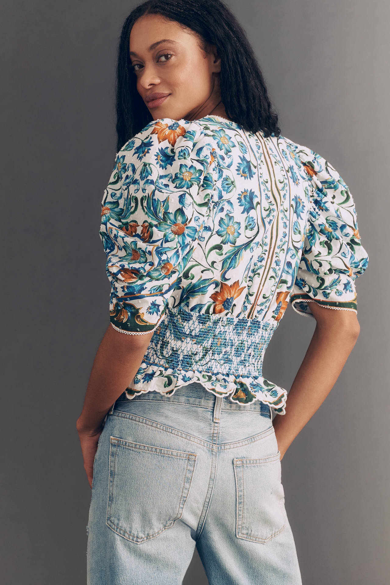 Farm Rio Flora Tile Puff-Sleeve Top