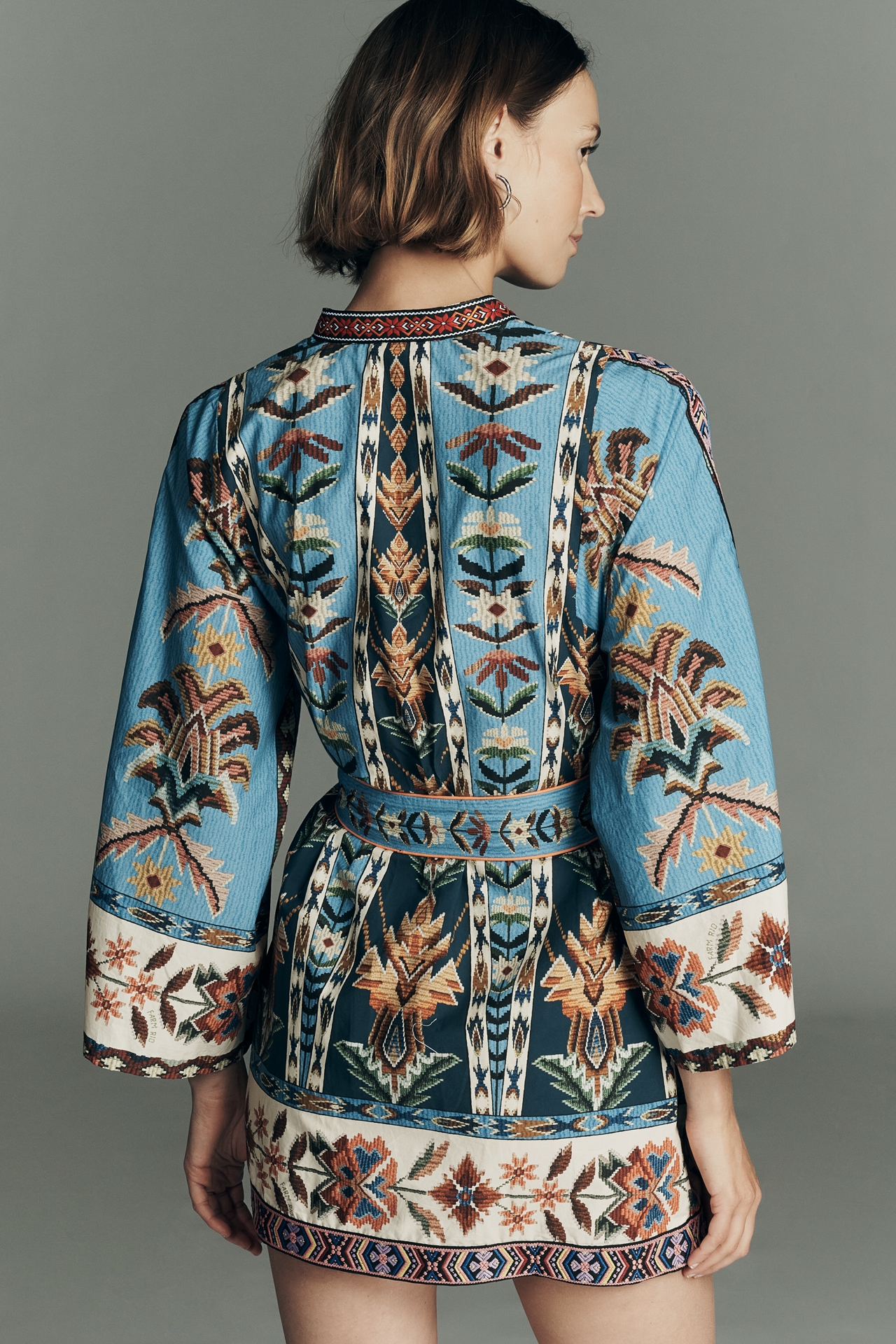 Farm Rio Tie-Front Long-Sleeve Plunge Mini Dress