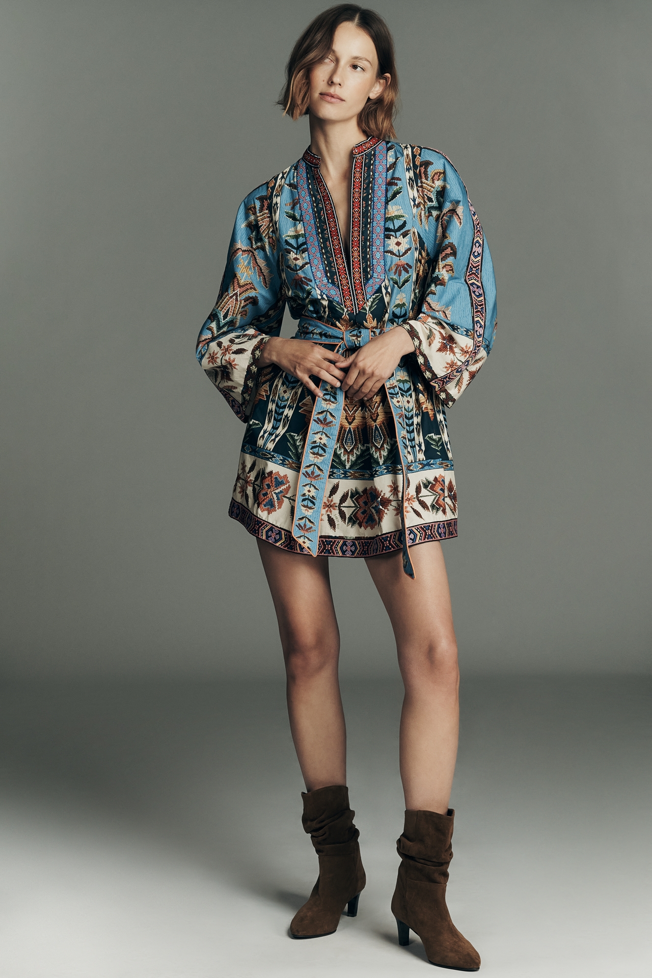 Farm Rio Tie-Front Long-Sleeve Plunge Mini Dress