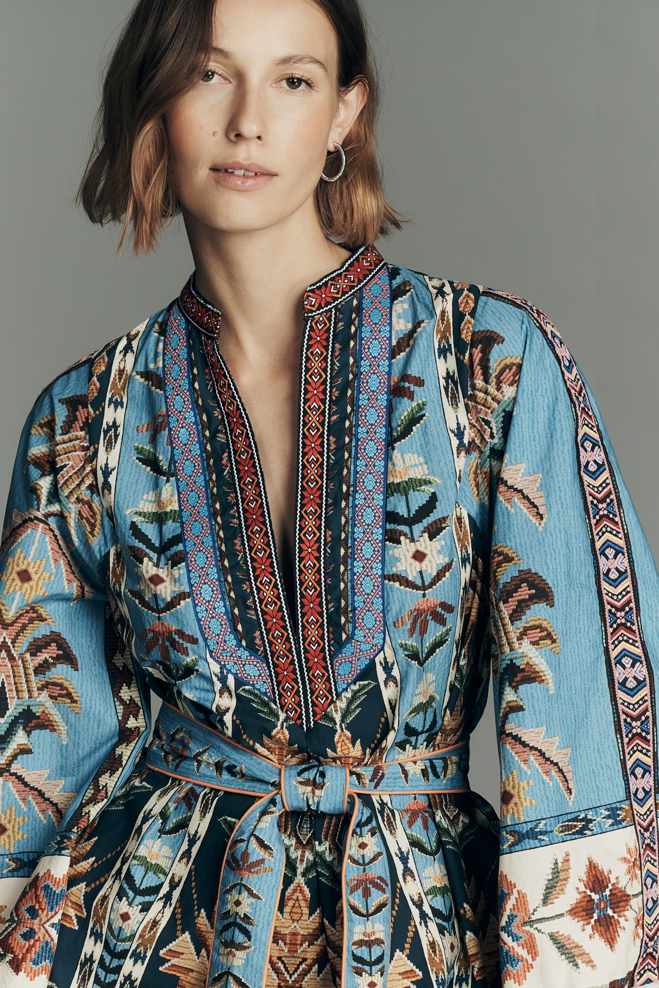 Farm Rio Tie-Front Long-Sleeve Plunge Mini Dress