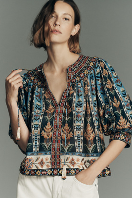 Farm Rio Embroidered Tasseled V-neck Top In Blue