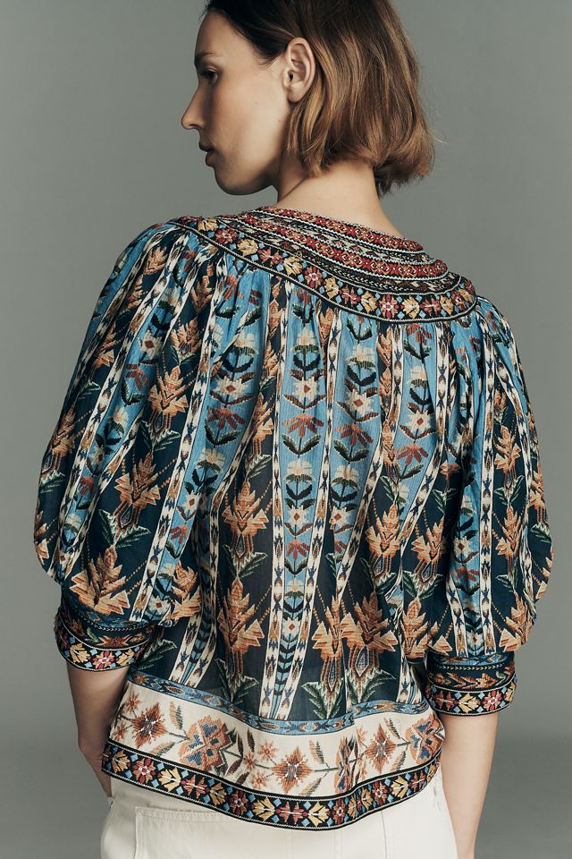 Farm Rio Embroidered Tasseled V-Neck Top  #1