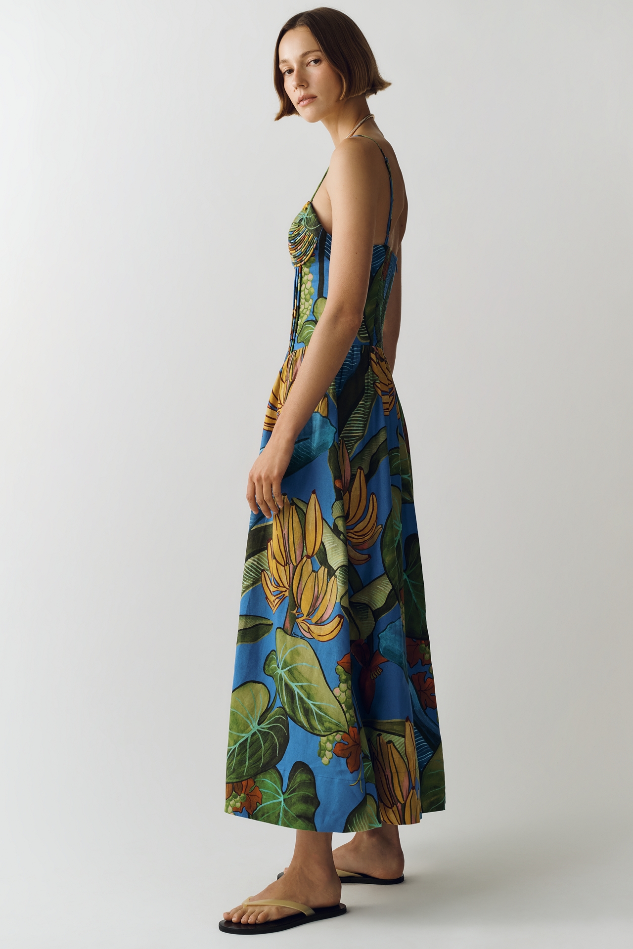 Farm Rio Linen Basque-Waist Midi Dress