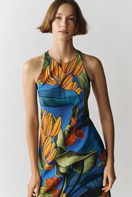 High-Neck Printed Midi Dress