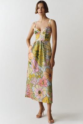 Farm Rio 100% Linen Printed Midi Dress