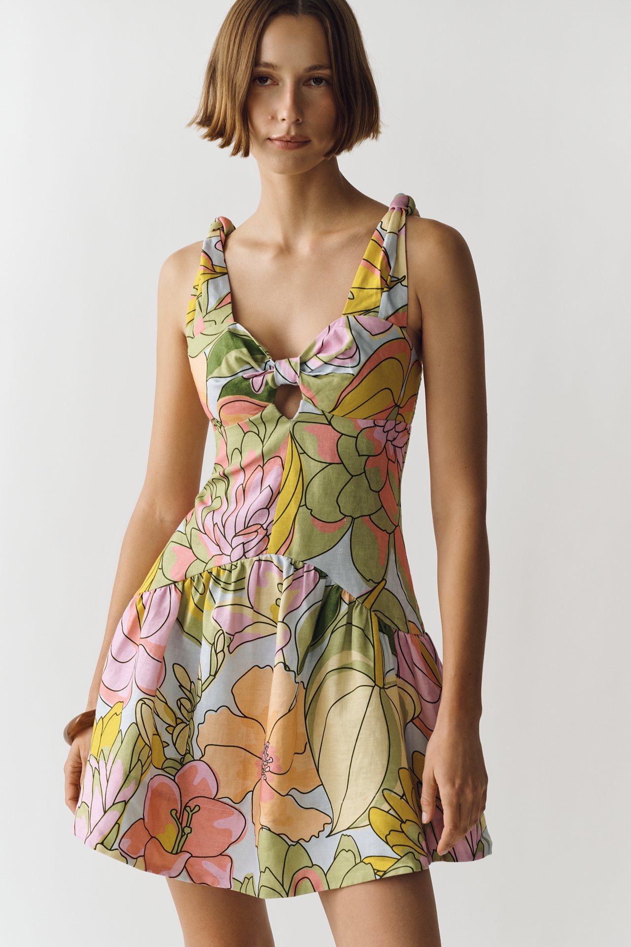 Farm Rio Linen Printed Cutout Mini Dress