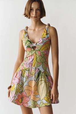 Farm Rio 100% Linen Printed Cutout Mini Dress