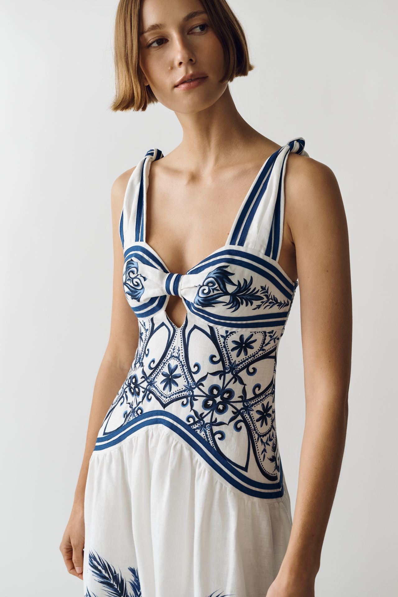 Farm Rio Linen Printed Cutout Midi Dress