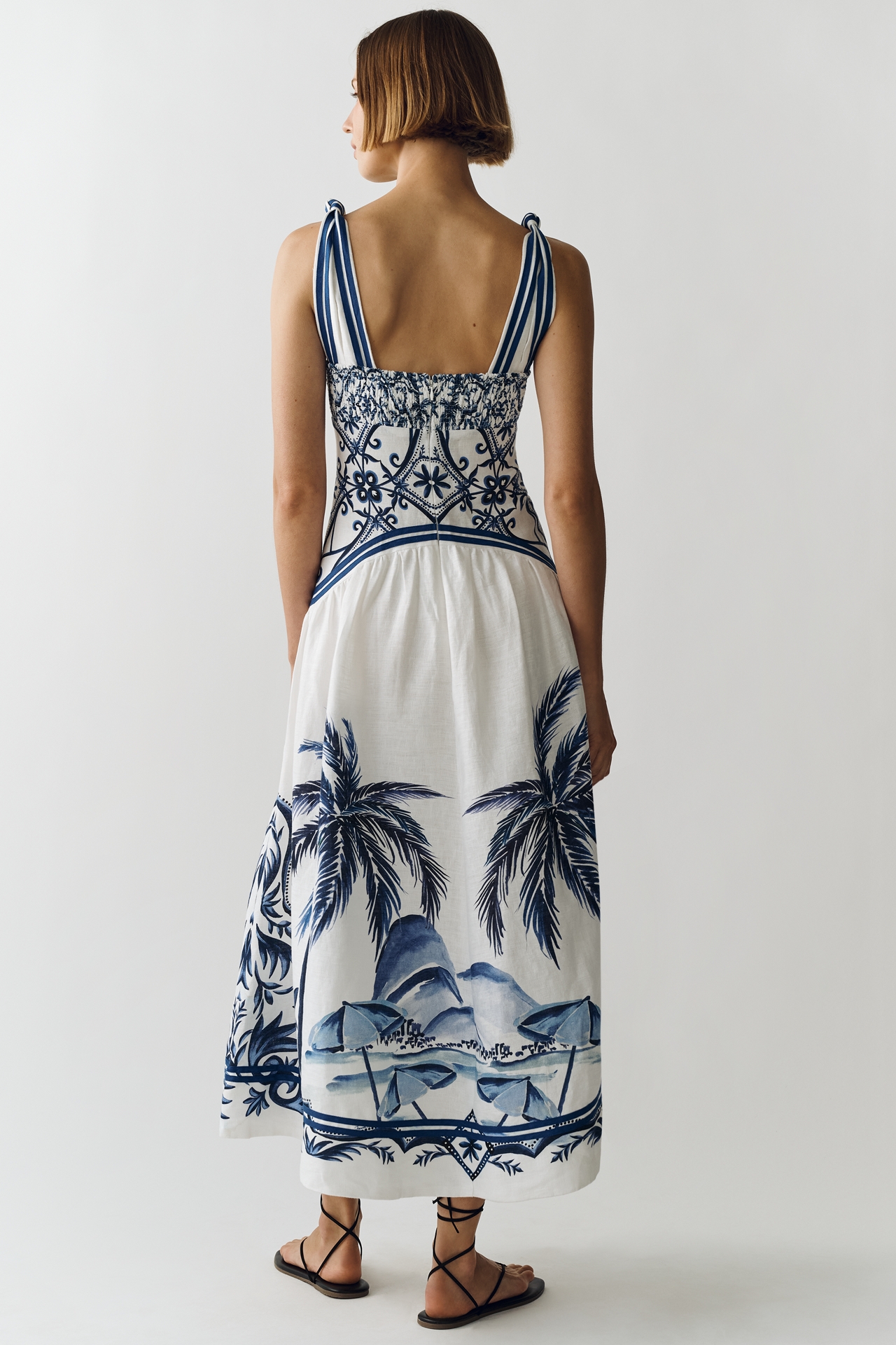 Farm Rio Linen Printed Cutout Midi Dress