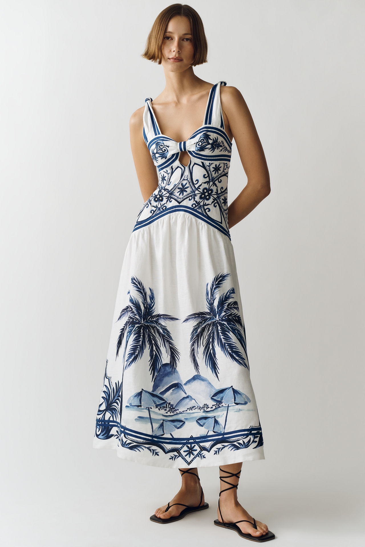 Farm Rio Linen Printed Cutout Midi Dress