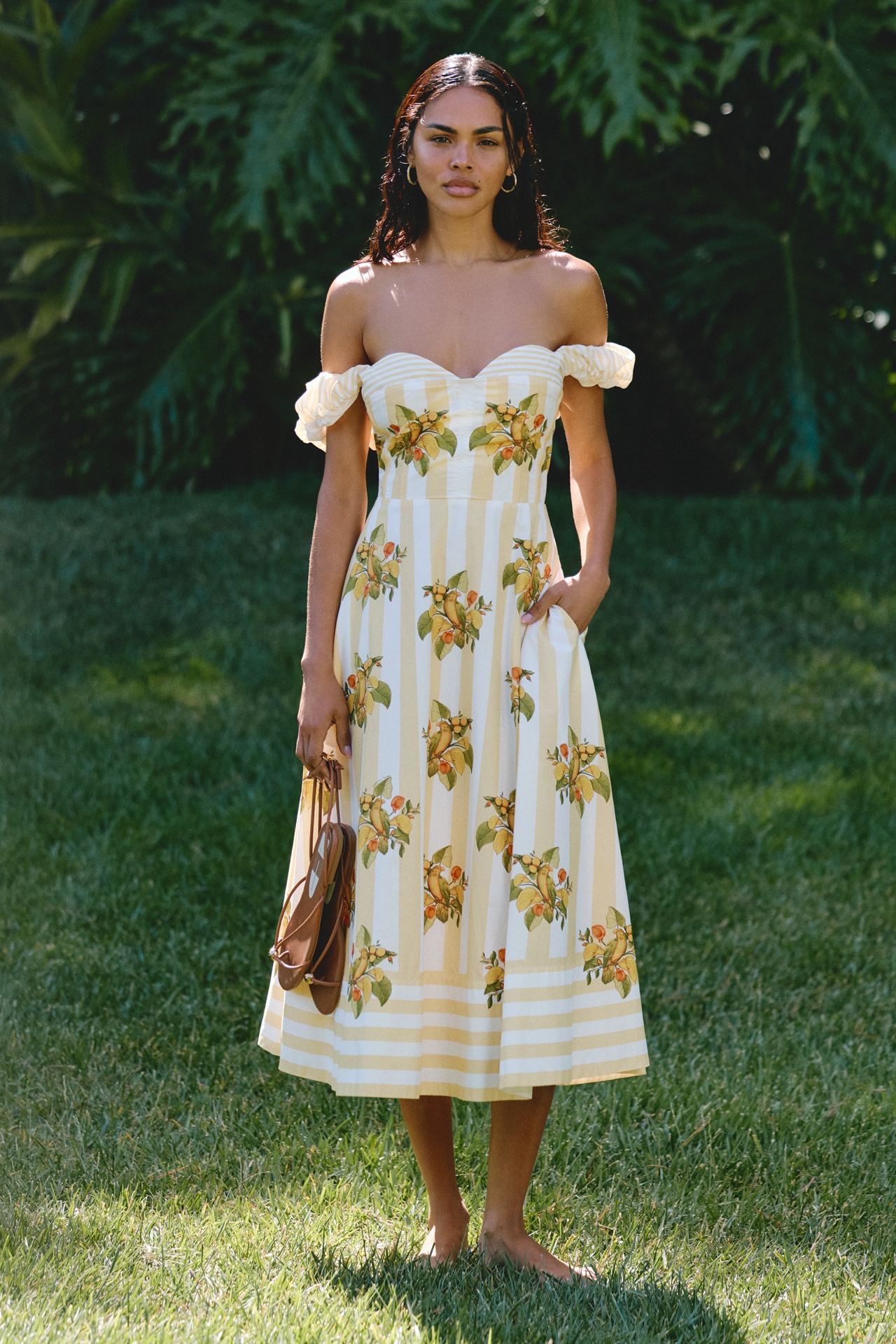 Farm Rio Lemon Birds Cotton Off-Shoulder Midi Dress