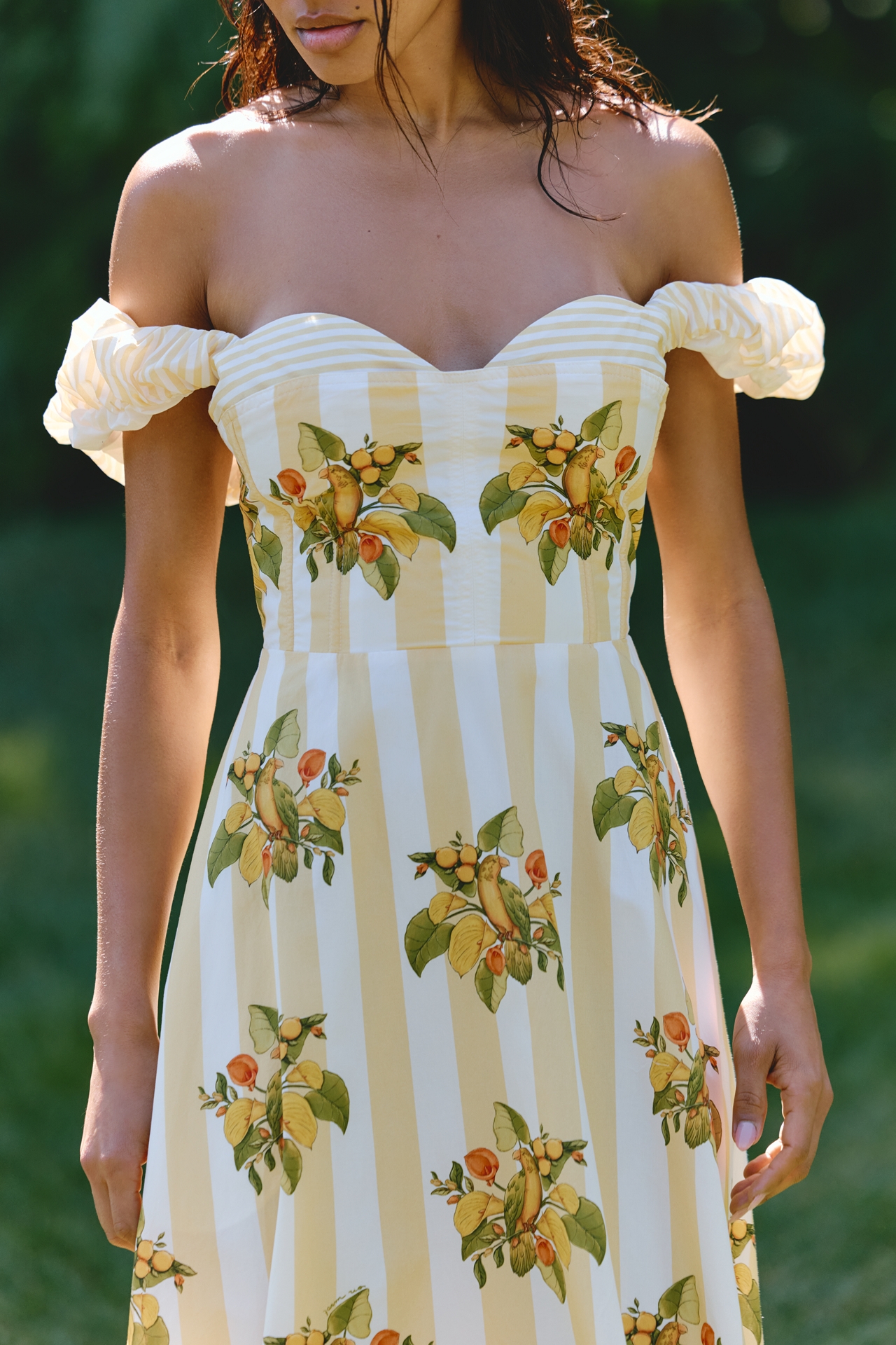 Farm Rio Lemon Birds Cotton Off-Shoulder Midi Dress