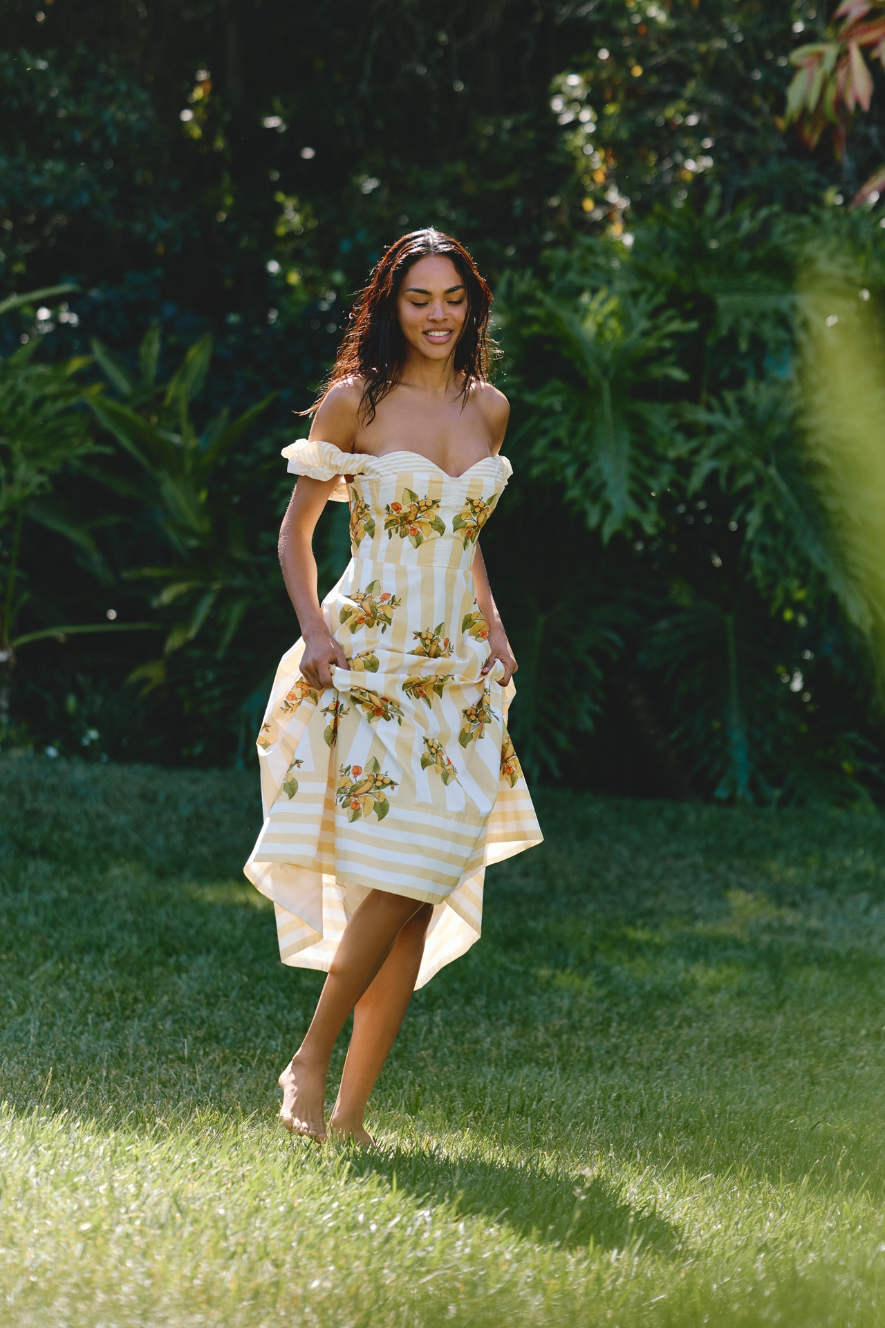 Farm Rio Lemon Birds Cotton Off-Shoulder Midi Dress