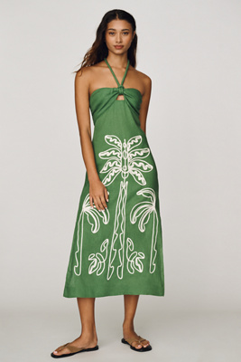 farm rio x anthropologie pleated palm midi dress Green Palm Tree Embroidered Midi Dress