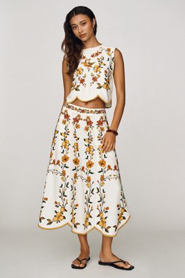 Farm Rio Lemon Bouquet Linen Blend Midi Skirt | Anthropologie