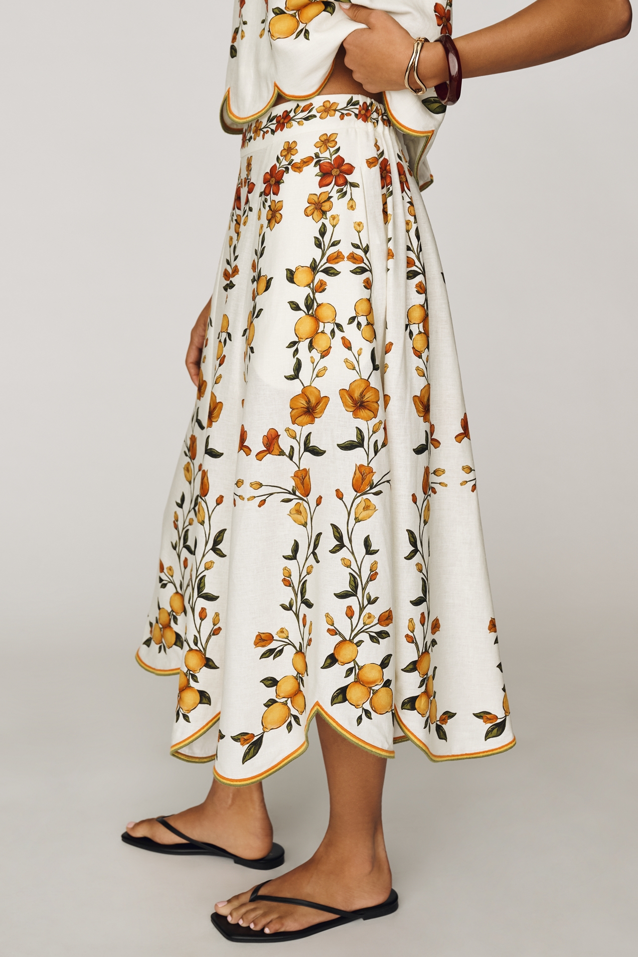 Farm Rio Lemon Bouquet Linen Blend Midi Skirt